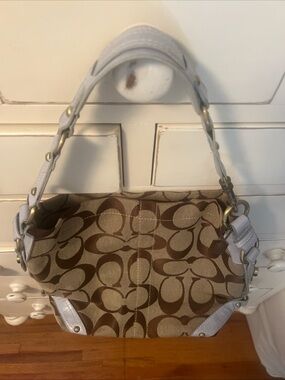 VTG Coach Canvas Handbag with light blue/gray, leather, trim, and gold hardware.
